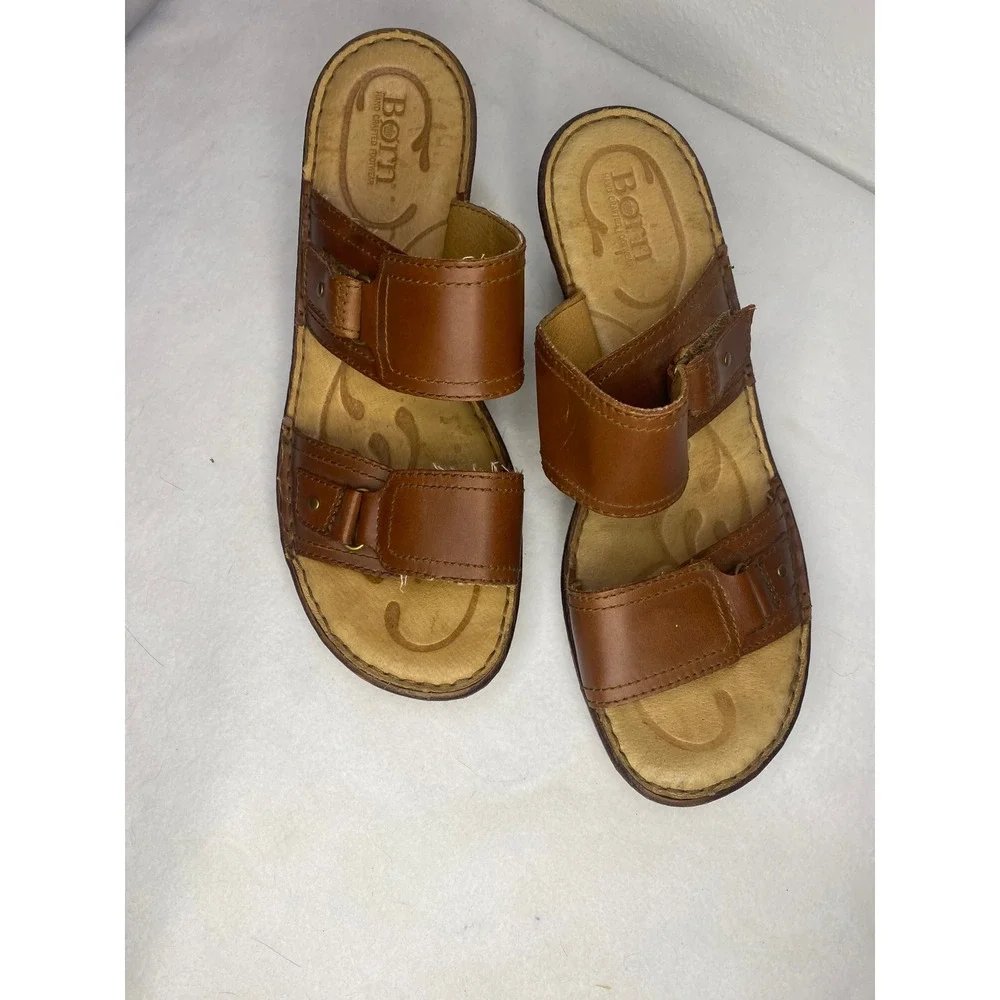 Born Slide Sandals Womens 9 Brown Leather Wedge Adjustable Straps cottagecore‎
